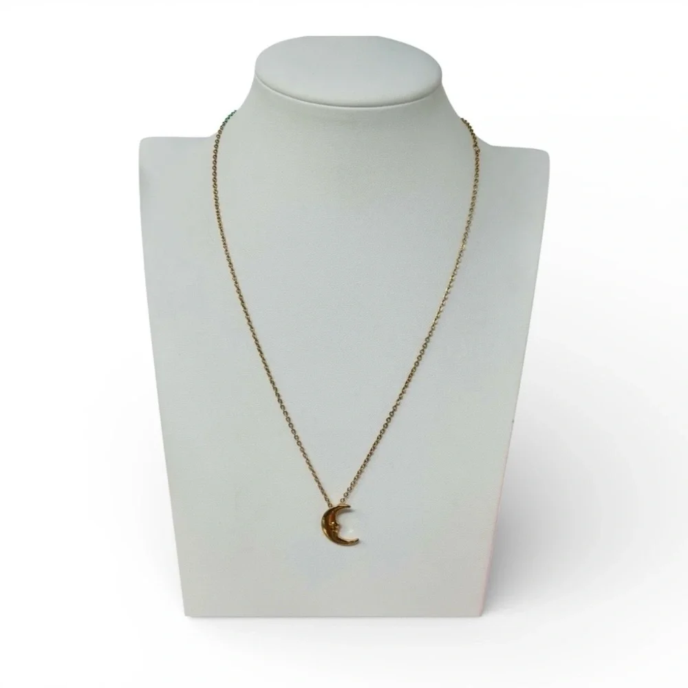Celestial Sleepy Crescent Moon Gold Tone Pendant Necklace - Picture 2 of 2